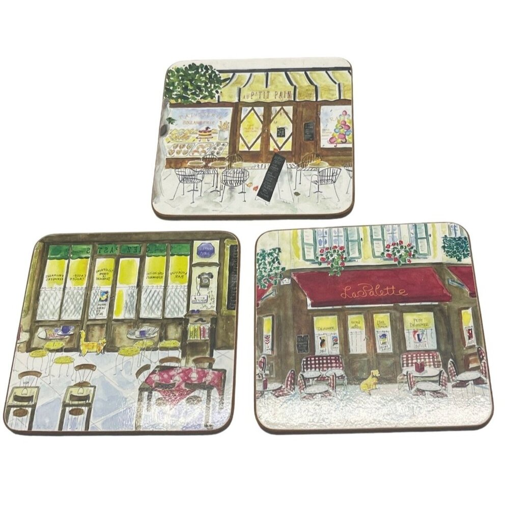 coasters set of 3 café cork back multi color dog cat bird 4x4" each READ